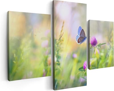 Artaza Canvas Schilderij Drieluik Blauwe Vlinder Bij Een Paarse Bloem - 90x60 - Foto Op Canvas - Canvas Print