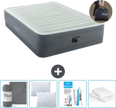 Intex Luchtbed - 2-Persoons - 152 x 203 x 46 cm - Grijs - Inclusief pomp - Hoeslaken - Kussen - Kussenbeschermer en Reparatieset