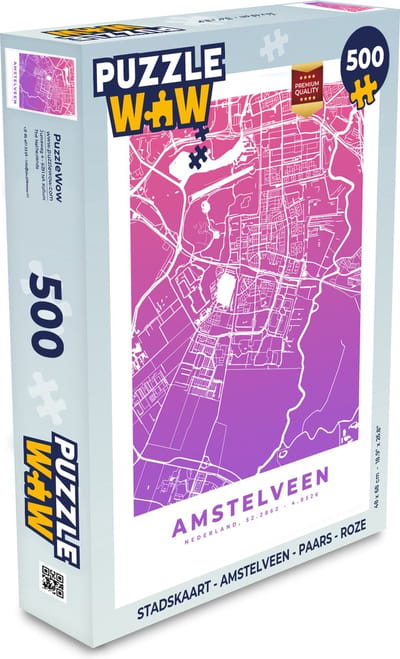 Puzzel Stadskaart - Amstelveen - Paars - Roze - Legpuzzel - Puzzel 500 stukjes - Plattegrond
