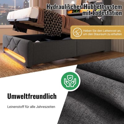 Tweepersoonsbed 160x200 cm met LED-verlichting, 4 Laden & USB/AC Oplaadstations, Modern Platform Bed met Houten Lattenbodem, Linnen Stoffering, Geluidloos – Pauwhome