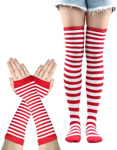 Dailygoods- Overknee Kousen Set - Gestreepte Kniekousen - Vingerloze Handschoenen - Halloween Cosplay - Zacht/Huidvriendelijk - Elastische Stof