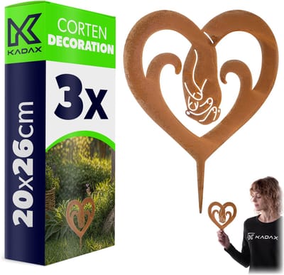 KADAX tuinplug hart van cortenstaal, 20 x 26 cm, 3 stuks, roestdecoratie voor buiten, roestvrijstalen tuindecoratie om in te pluggen, vintage tuindecoratie, metalen roestplug