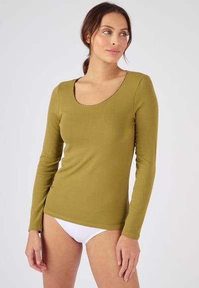 Damart - T-shirt met lange mouwen Thermolactyl Sensitive, biais van glanzende draden - Dames - Groen - 34-36 (XS)