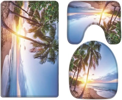 Caribisch Tropisch Zand Strand Zonsondergang Palmboom Blauw Hemeldruk Flanellen Doek Wasbare Toiletstoelhoezen Wc Deksel Covers Kussens Pads Skidproof Badmat Rug Voor Toilet Accessoires