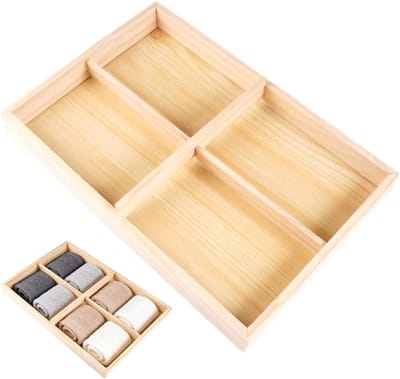 Houten opbergdoos met 4 vakken, 14 cm x 8 cm, verwijderbare scheidingswanden, ideaal voor sieraden, snacks en knutselprojecten