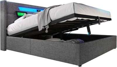Gestoffeerd tweepersoonsbed 140x200 cm - Met LED-verlichting, USB Type-C-oplaadfunctie en LED-verlichting, opbergbed, bedframe van linnen, lattenbodem - Grijs (zonder matras)