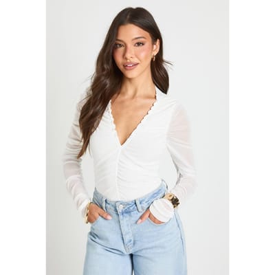 boohoo Dames Mesh Bodysuit Met Gerimpelde Halslijn En Lange Mouwen | Ivory | Maat: 6