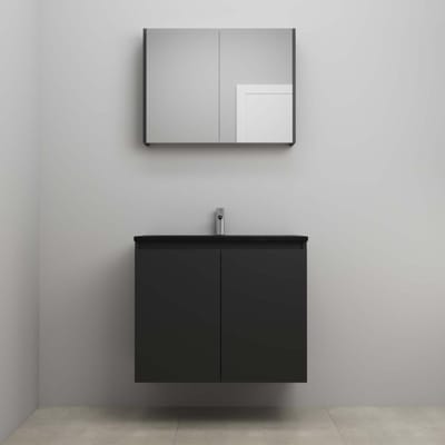 On-Line Badkamermeubelset - 80 cm - Bouwpakket - Greeploze Ladestructuur - Acryl Wastafel - 1 Kraangat - Spiegelkast - Mat Zwart