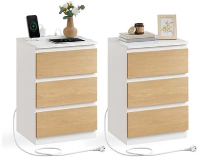 Homesy Nachtkastje set van 2 - Slaapkamer - Modern - Ebbenhout Wolkenwit/Strogeel - 3 lades - Met stopcontact