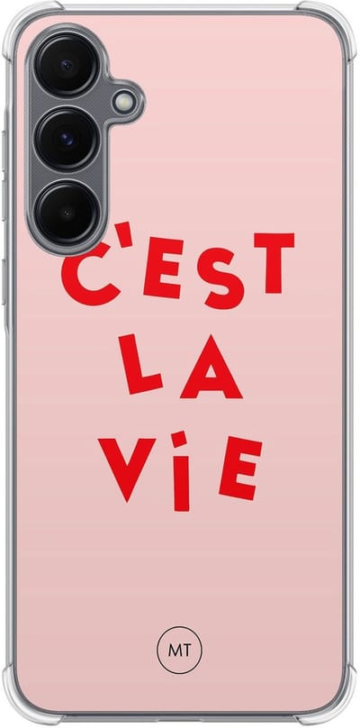 Hoesje (shockproof) geschikt voor Samsung Galaxy A15 - C'est la vie - Extra sterke case - TPU/polycarbonaat - Tekst - Roze, Transparant