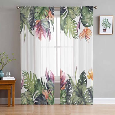 Zomer Tropisch Regenwoud Planten Tule Raamgordijnen voor Slaapkamer Luxe Huisdecoratie Drapes in Woonkamer Chiffon Panelen 135W x 114H(cm) white