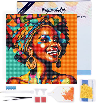 Figured'Art Mini Diamond Painting set Volwassenen 25x25 cm met lijst Afrikaanse Koningin Pop Art - 5D DIY Art full drill ronde diamant - Canvas al ingelijst