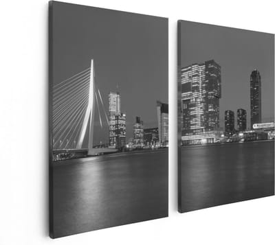 Artaza Canvas Schilderij Tweeluik Rotterdamse Skyline - Zwart Wit - 80x60 - Foto Op Canvas - Canvas Print