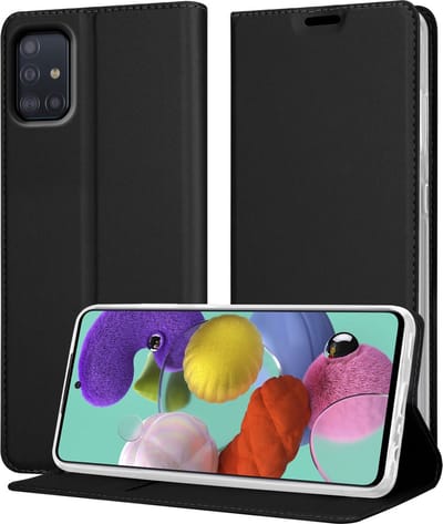 Cadorabo Hoesje geschikt voor Samsung Galaxy A51 5G in CLASSY ZWART - Beschermhoes met magnetische sluiting, standfunctie en kaartvakje Book Case Cover Etui
