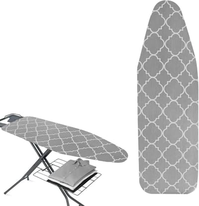 Strijkplankhoes 130 x 51 cm met elastiek, geschikt voor stoomstrijkijzer en strijkijzer, comfortabel en duurzaam (Grijs-Wit)