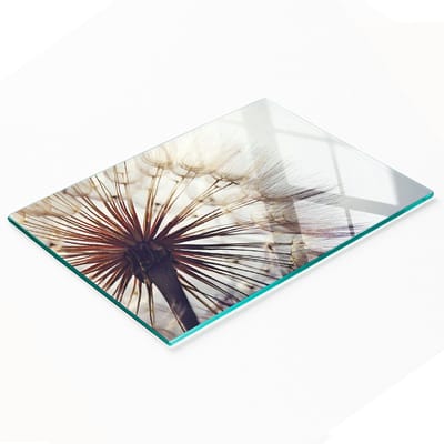 Decoratieve snijplank van gehard glas met paardenbloemmotief, 80x52 cm