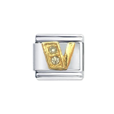 Schakel Bedel - Letter V - met strass - 9mm Charm - Gesckikt voor Italiaanse Bedelarmband - Plated