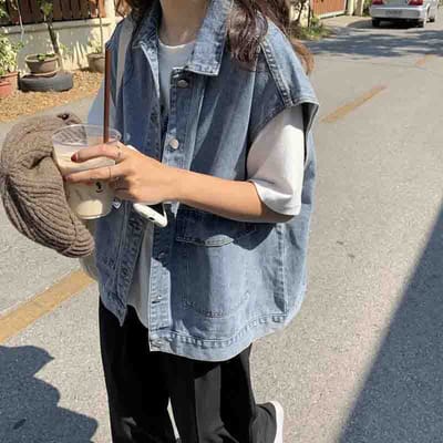 Printemps vêtements de travail gilet superposé à l'extérieur du filet rouge Denim gilet veste femmes tendance vêtements d'extérieur gilet sans manches Cardigan L black