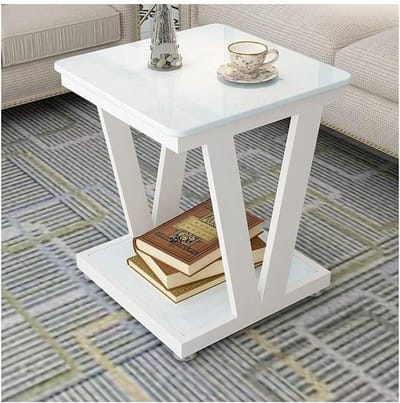 Kleine salontafel - Zijtafel vierkant - Woonkamer inrichting - Gehard glas blad - 50cm breed - Wit frame