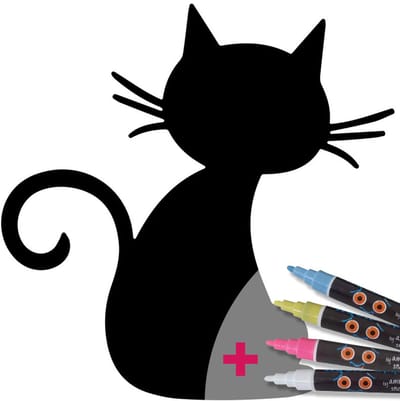 Schoolbordsticker - uitwisbare zelfklevende muurstickers - ZWARTE KAT + 4 VLOEIBARE KRIJTJES - 95x95cm