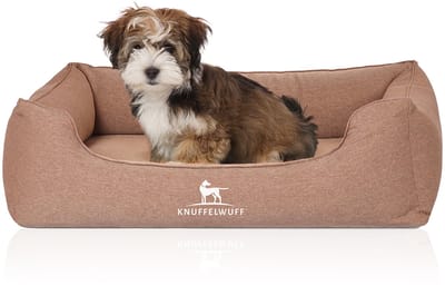 Knuffelwuff orthopedisch hondenbed Leano van velours met handgeweven karakter M-L 85 x 63cm lichtbruin