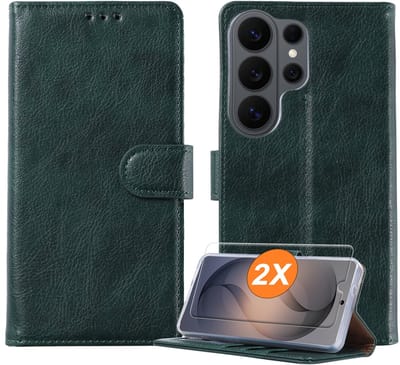 Hoesje geschikt voor Samsung Galaxy S26 Ultra 5G hoesje Groen pasjeshouder telefoon hoes - Met screenprotector tempered glass voor Galaxy S26 Ultra 5G - 2x