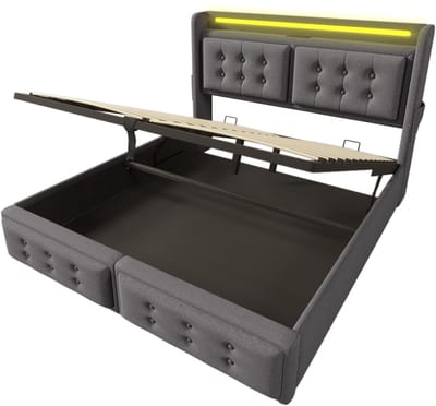 Gewatteerd matras van 160x200 mm, tweepersoonsbed, met LED-hoofdbord en USB-C-oplaadfunctie, hydraulisch matras, lattenbodem van hout en metalen frame, draagvermogen van 300 kg, grijs, katoen (matras niet inbegrepen).