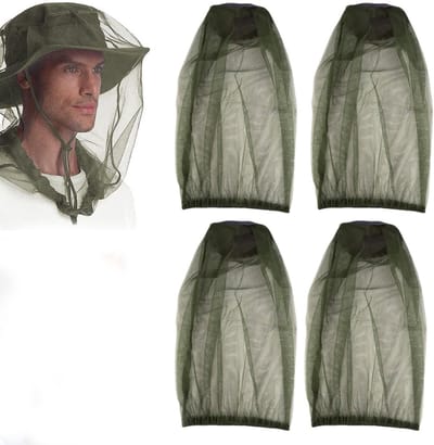 Insectennet - Hoofdnet - Insectenmasker - Fijnmazig insectennet voor op de hoed - Beschermende hoofdbedekking voor imkers - Ideaal voor kamperen, wandelen en wildernisverkenning (groen) - 4-delige set