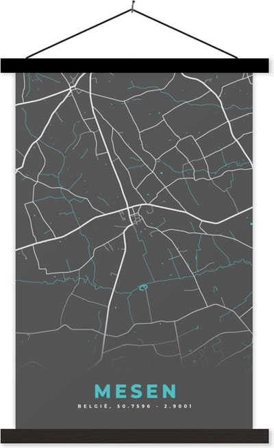 Posterhanger incl. Poster 40x60 cm - Schoolplaat - België – Mesen – Stadskaart – Kaart – Blauw – Plattegrond - Textielposter - Zwarte latten - Stadskaart