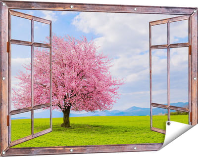 Gards Tuinposter Doorkijk Roze Sakura Bloesem Boom in het Groene Veld - 120x80 cm - Tuindoek - Tuindecoratie - Wanddecoratie buiten - Tuinschilderij