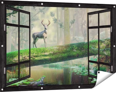 Gards Tuinposter Doorkijk Hert in het Bos op een Boom - 120x80 cm - Tuindoek - Tuindecoratie - Wanddecoratie buiten - Tuinschilderij