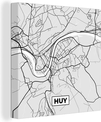 Canvas Schilderij Stadskaart – Plattegrond – België – Zwart Wit – Huy – Kaart - 20x20 cm - Wanddecoratie