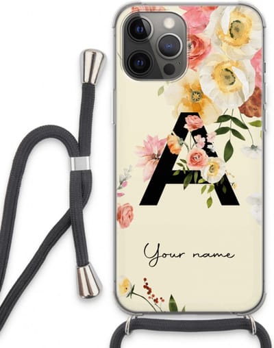 Gepersonaliseerd - Case Company® - Hoesje met koord geschikt voor iPhone 13 Pro Max hoesje met Koord - Flirty Flowers Monogram - Telefoonhoesje met Zwart Koord - Extra Bescherming aan alle Kanten en Over de Schermrand