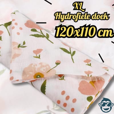 BoefieBoef XL Hydrofiele Doek 120x110cm - Zachte Bamboe Swaddle, Inbakerdoek, Mousseline Doek voor Baby's en Newborns 0 tot 12 maanden - Lila Roos - Dubbellaags, Ademend en Absorberend - Kerst en KraamCadeau - - Duurzaam - Babydeken - Bloem Roze Wit