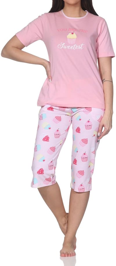 Normann dames capri Pyjama met korte mouwen – schattig cupcake-motief – ook in grote maten