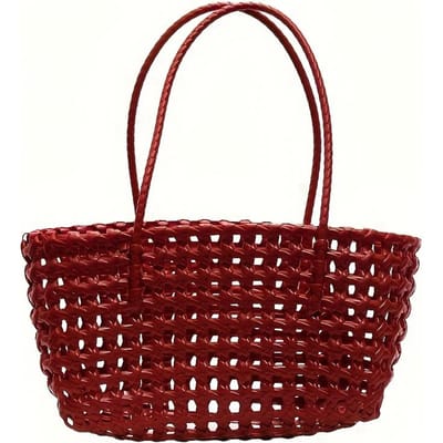 1 stuks Retro Groen & Rood Geweven Plastic Tote Bag voor Vrouwen Grote Capaciteit Lichtgewicht Schoudertas Duurzame Handtas voor Dagelijks Gebruik, Winkelen, Werk & Reizen brown