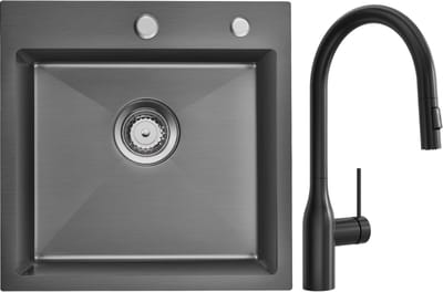 Auralum max Spoelbak voor keuken 45x45cm Antraciet - Spoelbakken Keuken Met Uittrekbare Uitloop Keukenkraan - Wasbak met waterafvoersysteem - RVS