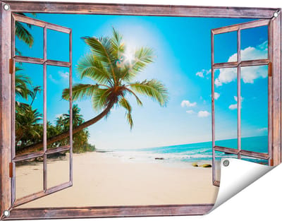 Gards Tuinposter Doorkijk Tropisch Strand en Zee in Sri Lanka - 90x60 cm - Tuindoek - Tuindecoratie - Wanddecoratie buiten - Tuinschilderij