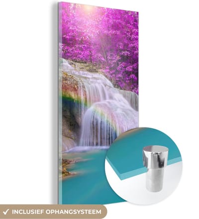 MuchoWow® Glasschilderij 20x40 cm - Schilderij acrylglas - Waterval - Bomen - Regenboog - Paars - Foto op glas - Schilderijen