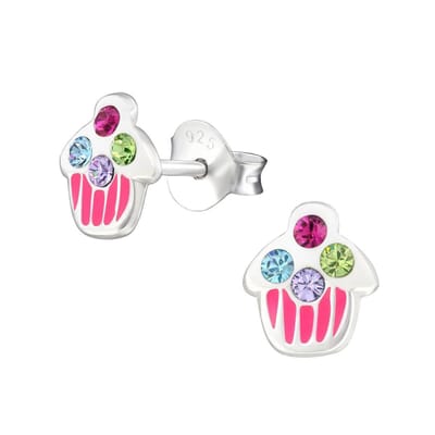 WeLoveSilver - zilveren kinderoorbellen - cupcake ontwerp - roze kristallen