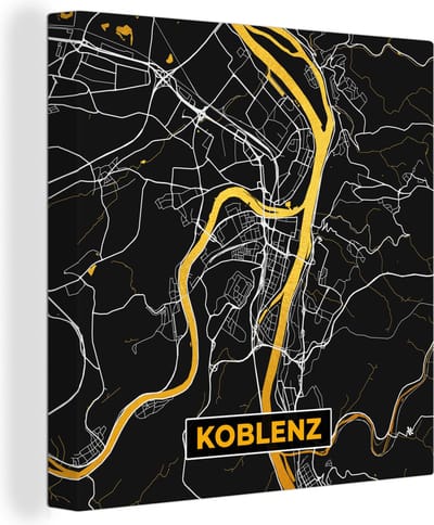 Canvas Schilderij Black and Gold – Stadskaart – Koblenz – Duitsland – Plattegrond – Kaart - 20x20 cm - Wanddecoratie