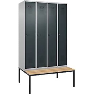 C+P Evolo Plus garderobekast, 4 vakken, 300 mm vakbreedte, met bankje eronder, B 1200 x D 815 x H 2120 mm, cilinder, blank aluminium/antracietgrijs
