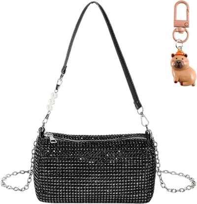 Elegante Schoudertas voor Vrouwen met Rhinestones en Handige Pocket Hanger, Zwart, Perfect voor Avondjes Uit en Feestjes