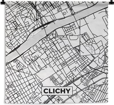 Wandkleed - Wanddoek - Frankrijk - Clichy - Kaart - Plattegrond - Stadskaart - Zwart wit - 180x180 cm - Wandtapijt