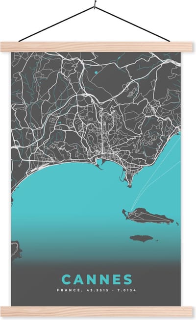 Posterhanger incl. Poster 40x60 cm - Schoolplaat - Cannes - Frankrijk - Kaart - Stadskaart - Plattegrond - Textielposter - Blanke latten - Stadskaart