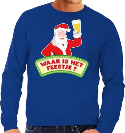 Foute kersttrui / sweater voor heren - blauw - Dronken Kerstman met biertje S