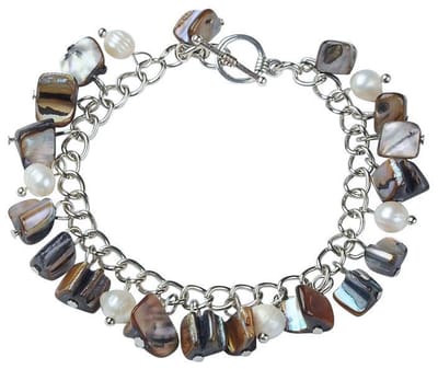 Zoetwaterparel en parelmoeren armband Pearl Grey Shell Chip - echte parels - parelmoer - wit - grijs - bedelarmband - sieraden zakje