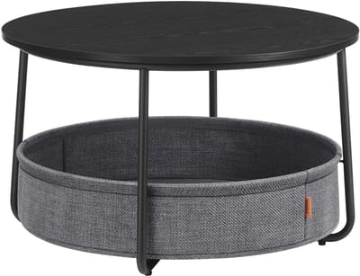 Bijzettafel, salontafel, opbergtafel, nachtkastje met stoffen mand, stevig metalen frame, modern en strak design, geschikt voor woonkamer en slaapkamer, 75 x 75 x 45 cm,zwart