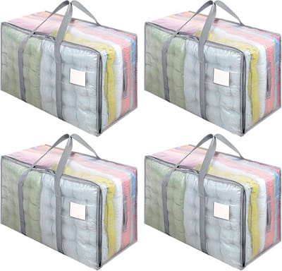 Grote opbergtas met deksel, opvouwbare transparante verhuisdozen, groot, met ritssluiting, handgrepen, kledingopslag, verhuiszakken voor verhuizing, camping, beddengoed, opslag, 4 stuks