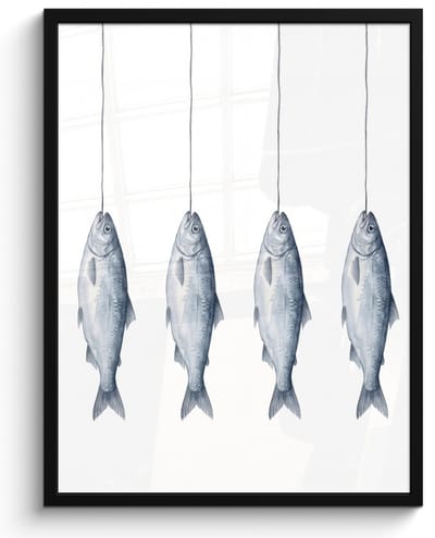 Poster in lijst - Fotolijst 60x80 cm - Posters - Vissen - Illustratie - Delfts - Blauw - Posterlijst zwart - Decoratie - Wanddecoratie woonkamer - Muurdecoratie slaapkamer